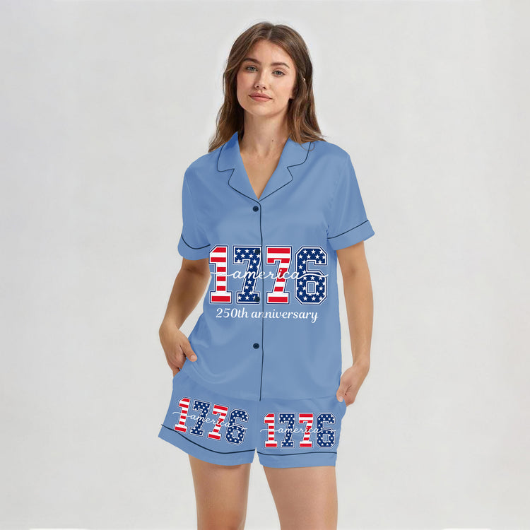Women's America 1776 250th Anniversary Short Sleeve Silky Satin Pajama Set front view