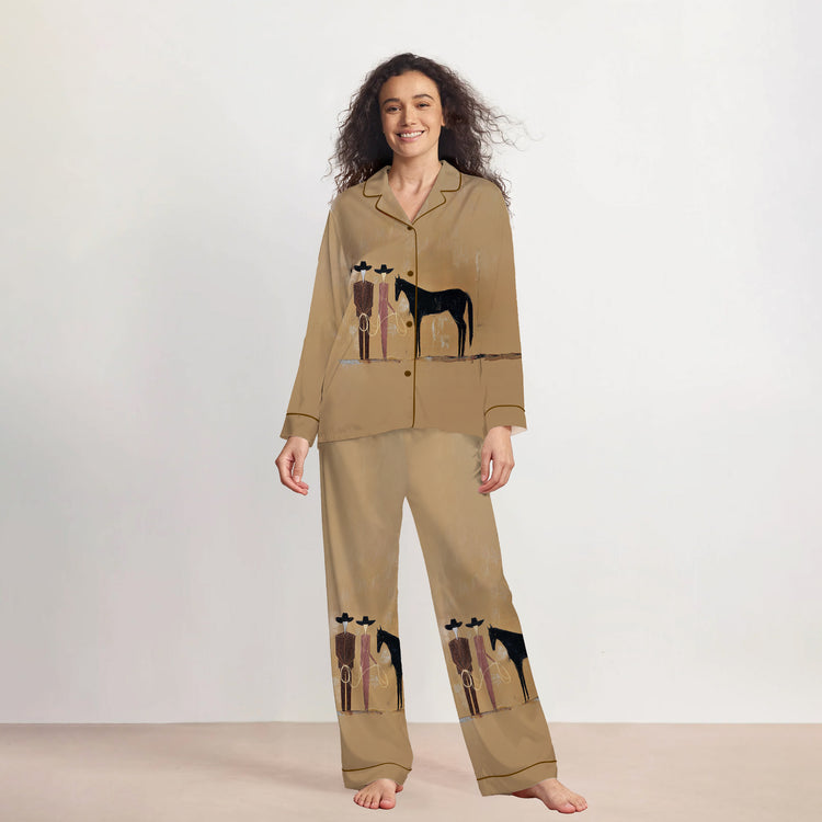 Women's Western Horse Rider Long Sleeve Silky Satin Pajama Set front view