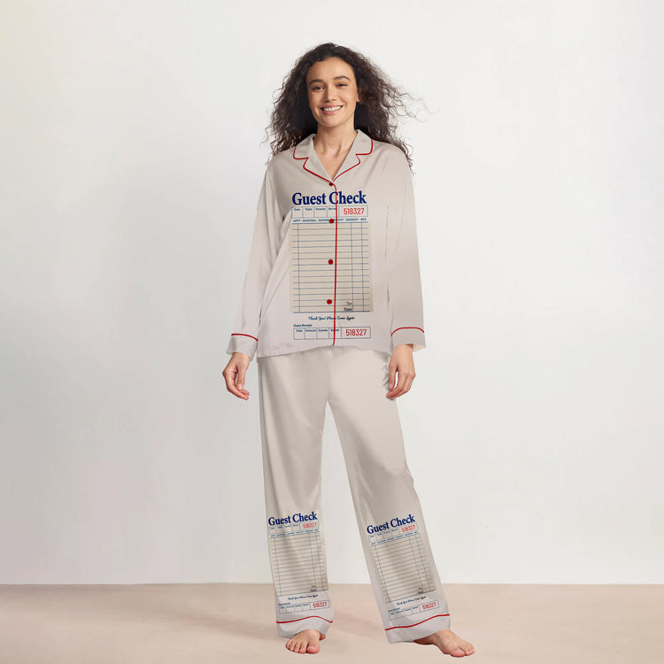 Women's Guest Check Restaurant Receipt Long Sleeve Silky Satin Pajama Set front view