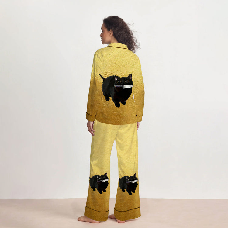 
                    
                      Women's Black Cat With Knife Long Sleeve Silky Satin Pajama Set back view
                    
                  