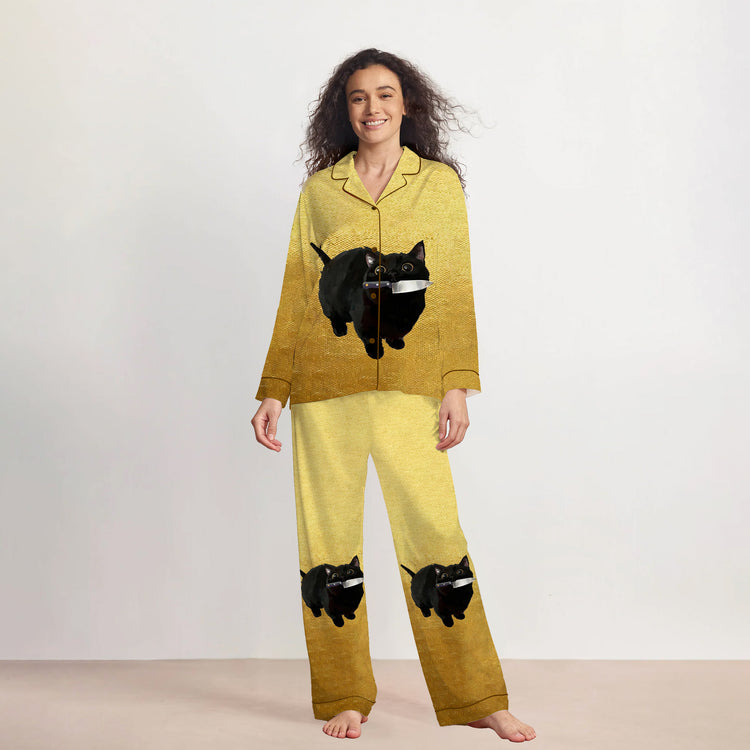 Women's Black Cat With Knife Long Sleeve Silky Satin Pajama Set front view