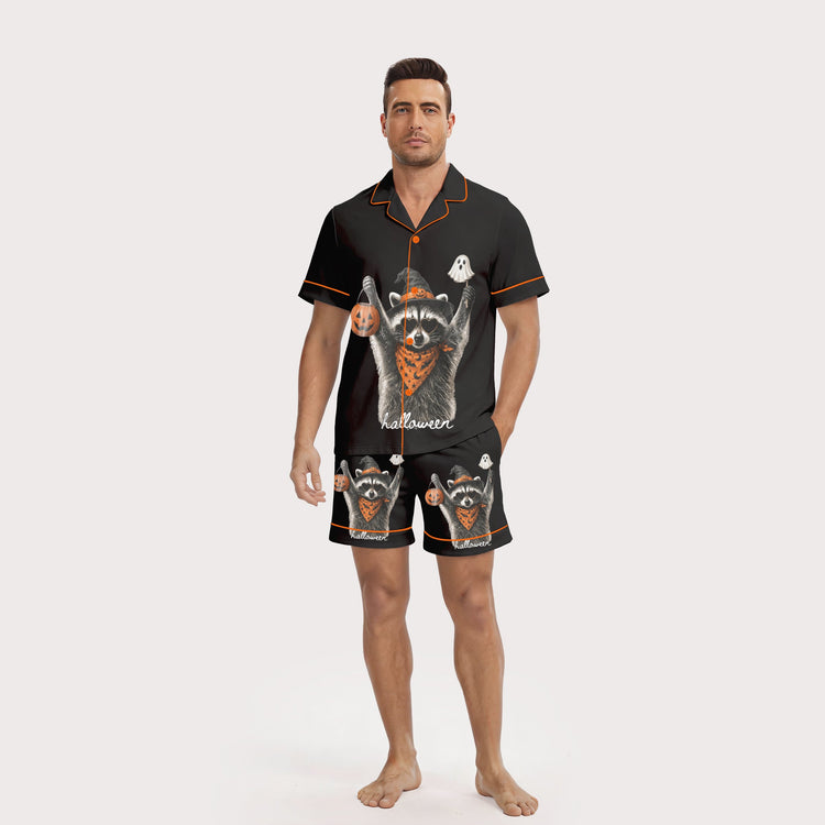 Men's Halloween Raccoon Pumpkin Ghost Short Sleeve Silky Satin Pajama Set front view