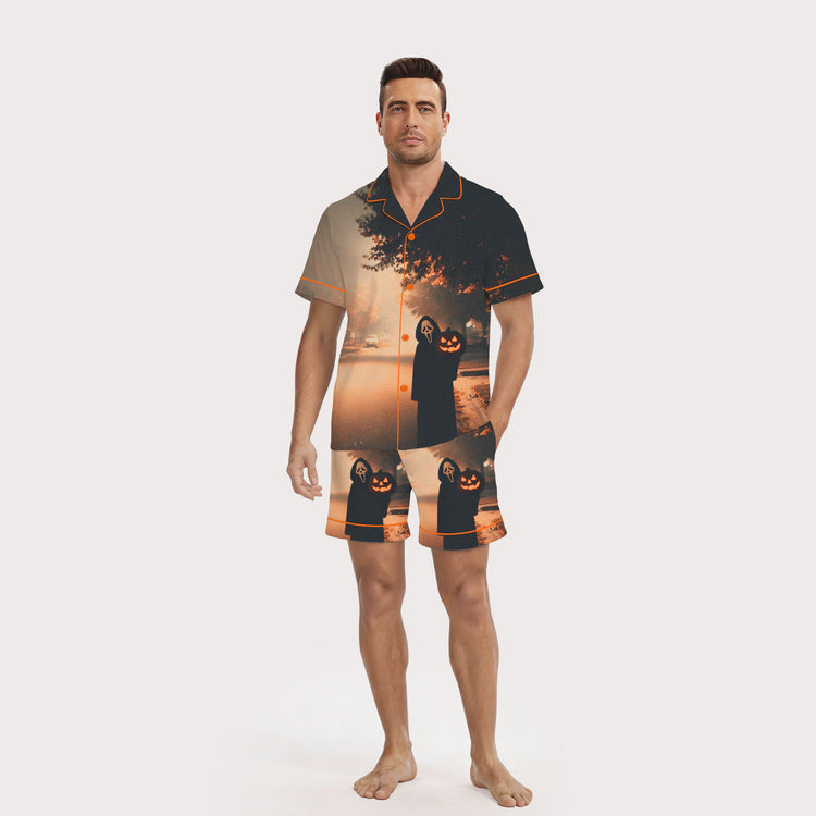 Men's Scream Mask Pumpkin Road Short Sleeve Silky Satin Pajama Set front view
