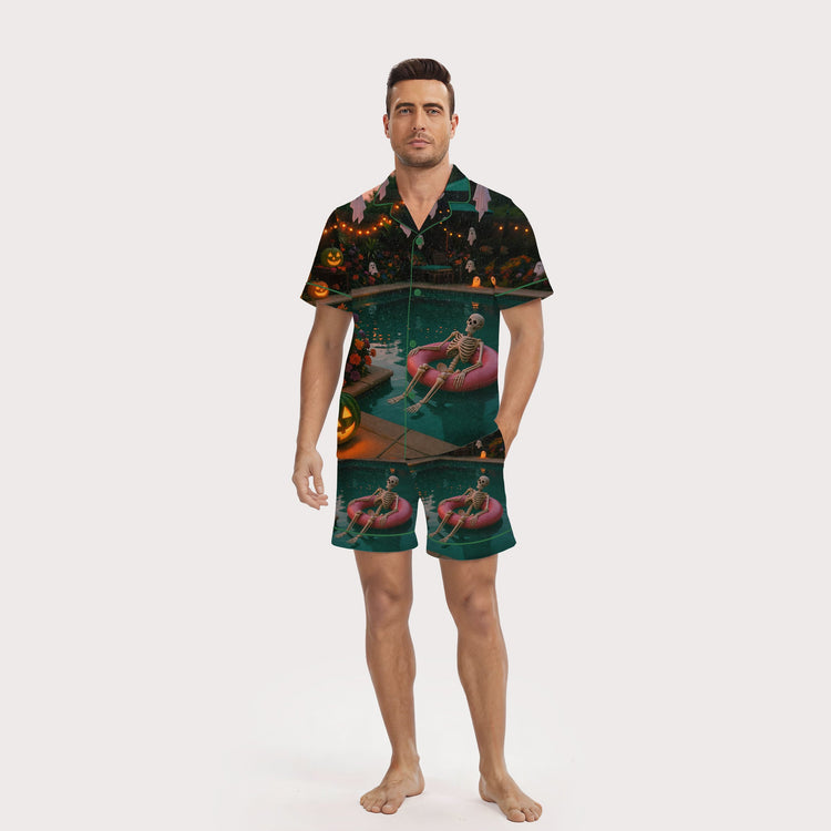 Men's Skeleton Pool Halloween Short Sleeve Silky Satin Pajama Set front view