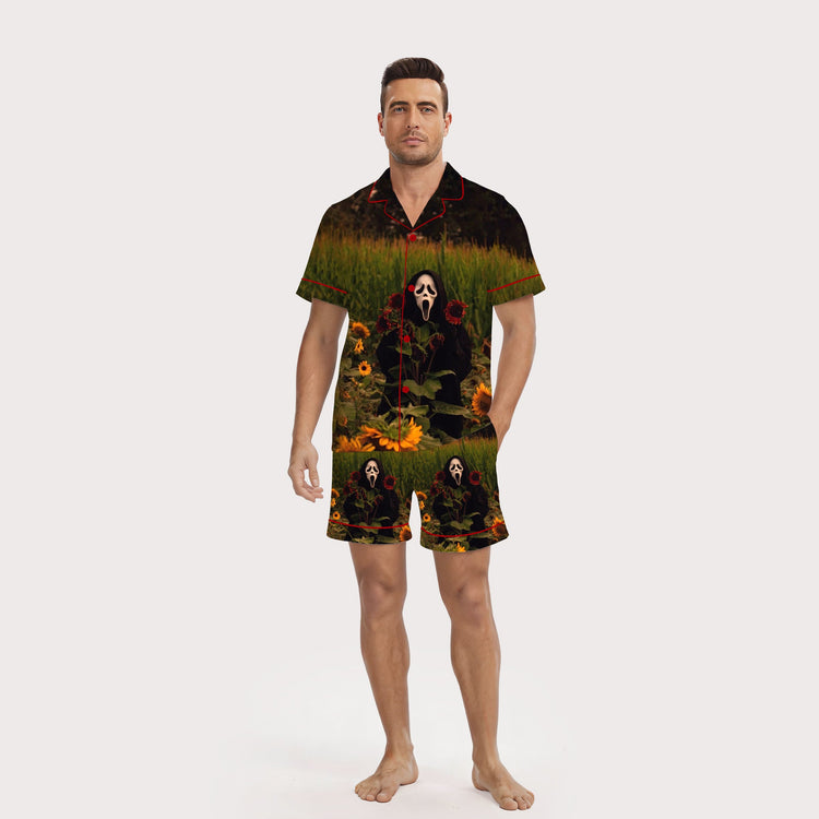 Men's Scream Mask Sunflower Field Short Sleeve Silky Satin Pajama Set front view