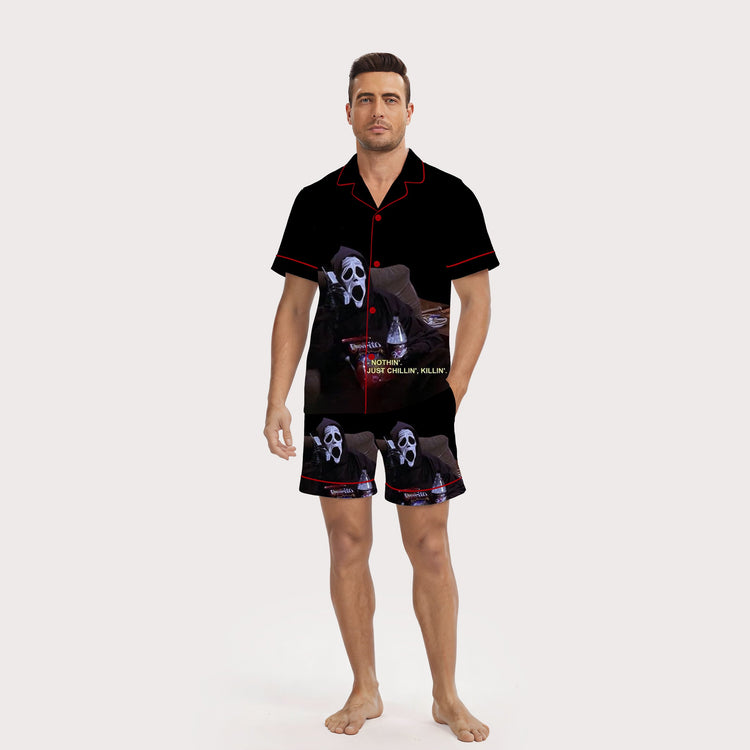 Men's Scream Mask Chillin Killin Short Sleeve Silky Satin Pajama Set front view