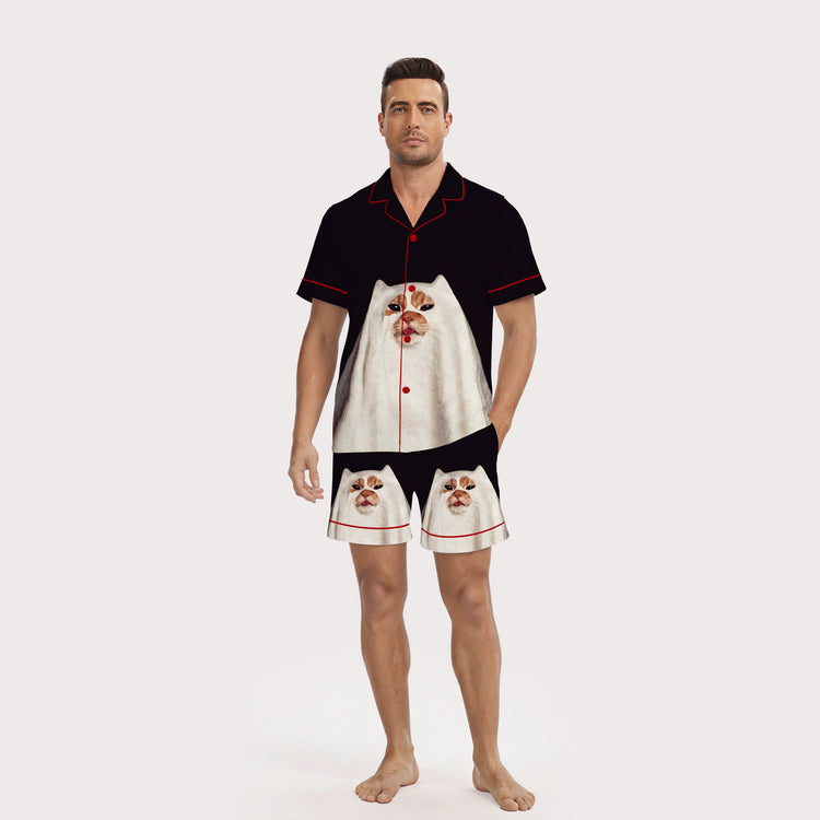 Men's Ghost Cat Halloween Short Sleeve Silky Satin Pajama Set front view