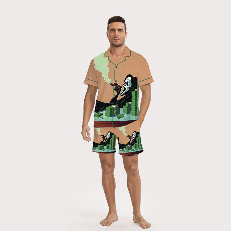 Men's Scream Mask Money Stacks Short Sleeve Silky Satin Pajama Set front view