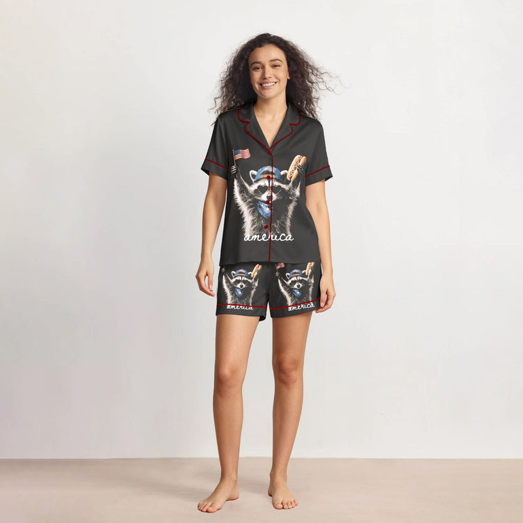 Women's Patriotic Raccoon America Short Sleeve Silky Satin Pajama Set front view