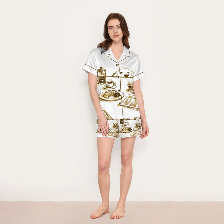 Women's Breakfast Dog Short Sleeve Silky Satin Pajama Set front view