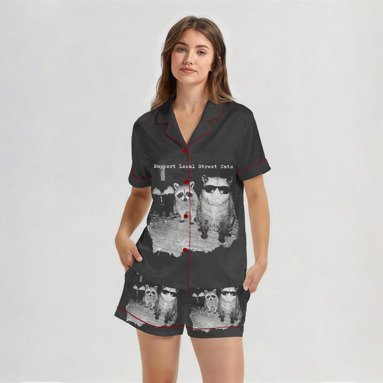 Women's Support Local Street Cats Short Sleeve Silky Satin Pajama Set front view