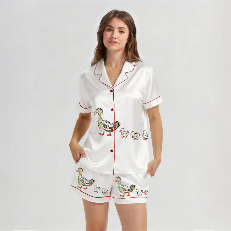 Women's Duck Family Short Sleeve Silky Satin Pajama Set front view