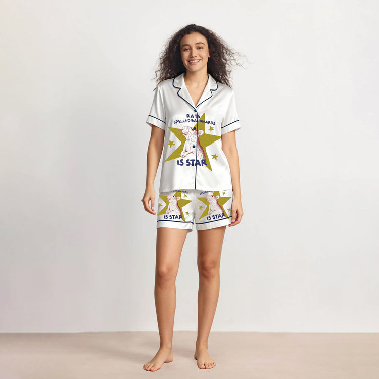Women's Rats Spelled Backwards Star Short Sleeve Silky Satin Pajama Set front view
