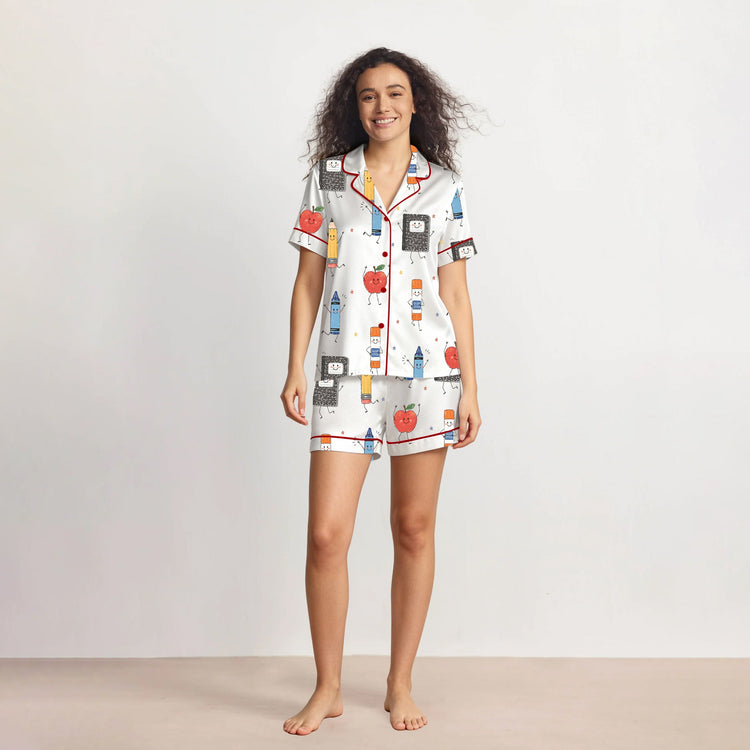 Women's School Supplies Short Sleeve Silky Satin Pajama Set front view
