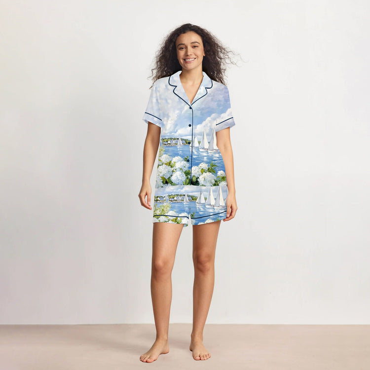 Women's Sailboat Lake Hydrangea Short Sleeve Silky Satin Pajama Set front view