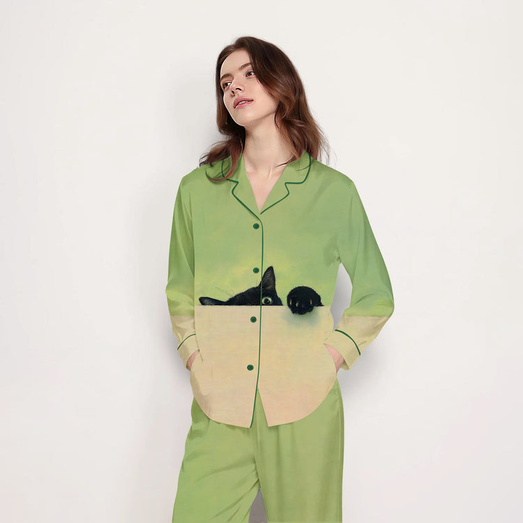 
                    
                      Women's Peekaboo Black Cat Long Sleeve Silky Satin Pajama Set alternate view
                    
                  