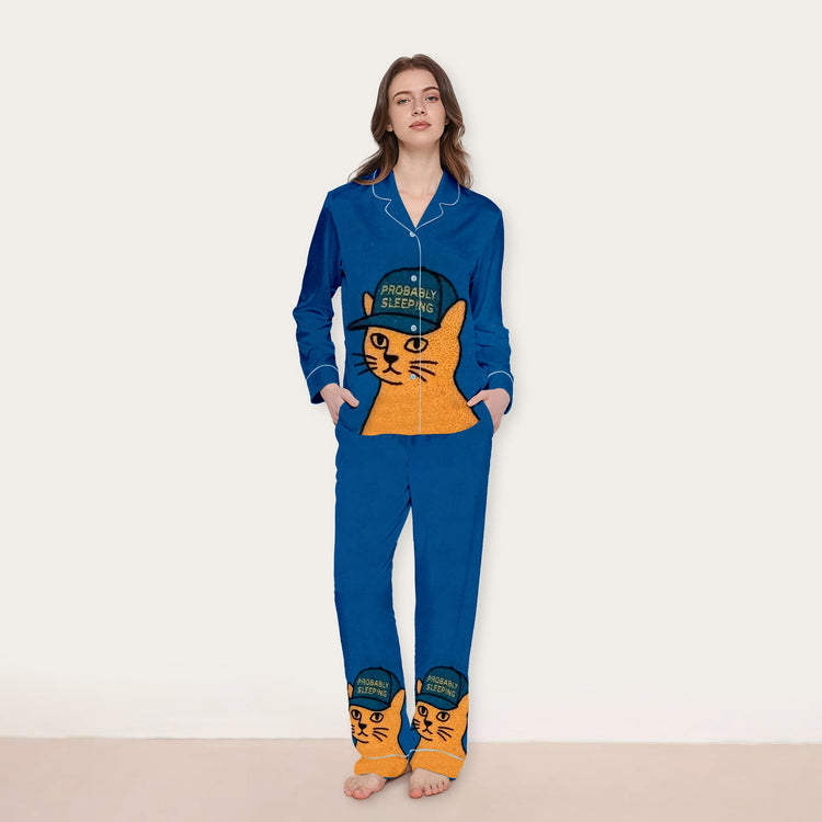 Women's Probably Sleeping Cat Long Sleeve Silky Satin Pajama Set front view