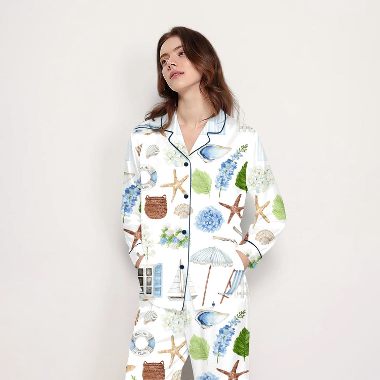 
                    
                      Women's Coastal Seashell Hydrangea Long Sleeve Silky Satin Pajama Set alternate view
                    
                  
