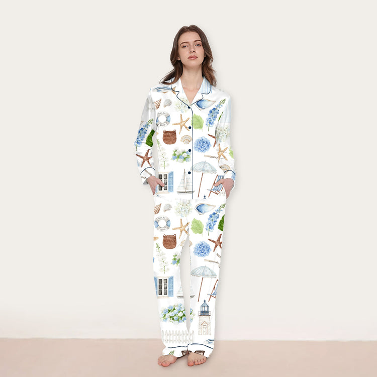 Women's Coastal Seashell Hydrangea Long Sleeve Silky Satin Pajama Set front view