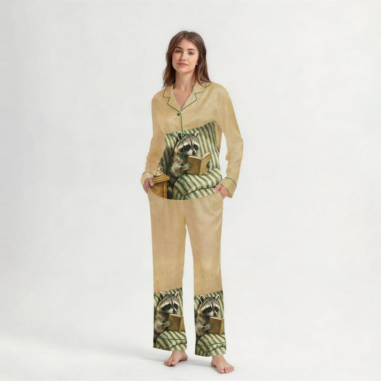 Women's Reading Raccoon Long Sleeve Silky Satin Pajama Set front view