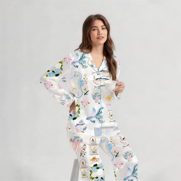
                    
                      Women's Ocean Floral Seashell Long Sleeve Silky Satin Pajama Set alternate view
                    
                  