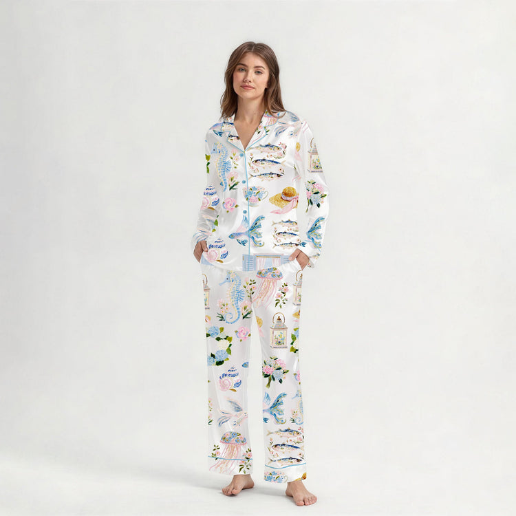 Women's Ocean Floral Seashell Long Sleeve Silky Satin Pajama Set front view