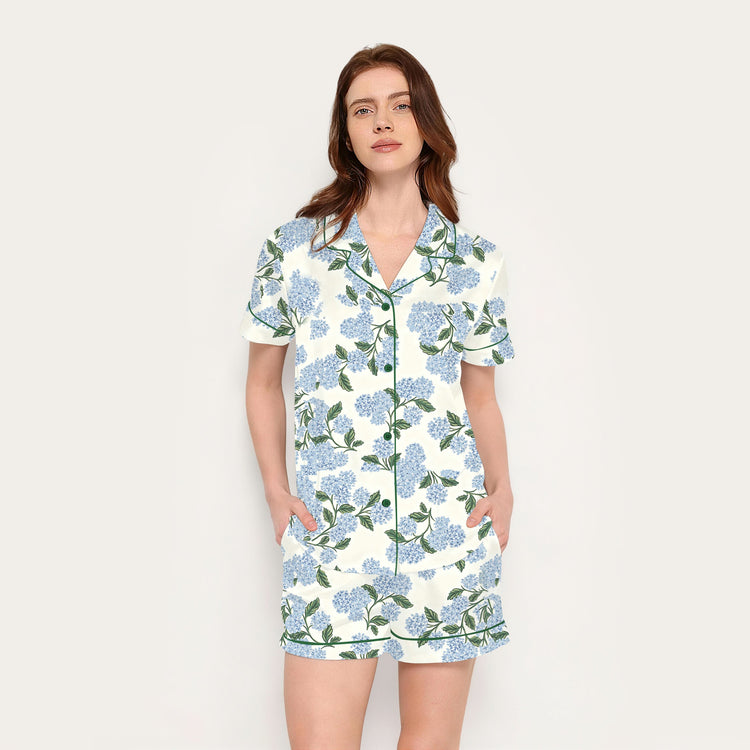Women's Blue Hydrangea Floral Short Sleeve Silky Satin Pajama Set front view