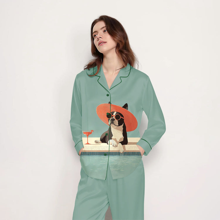 Women's Poolside Dog Cocktail Long Sleeve Silky Satin Pajama Set front view