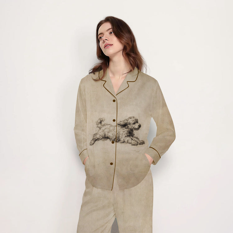 Women's Sketch Dog Long Sleeve Silky Satin Pajama Set front view