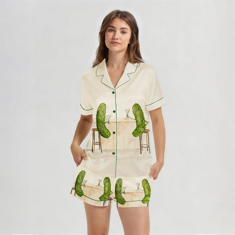 Women's Pickle Martini Short Sleeve Silky Satin Pajama Set front view