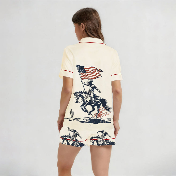 
                    
                      Women's USA Flag Cowboy Short Sleeve Silky Satin Pajama Set alternate view
                    
                  