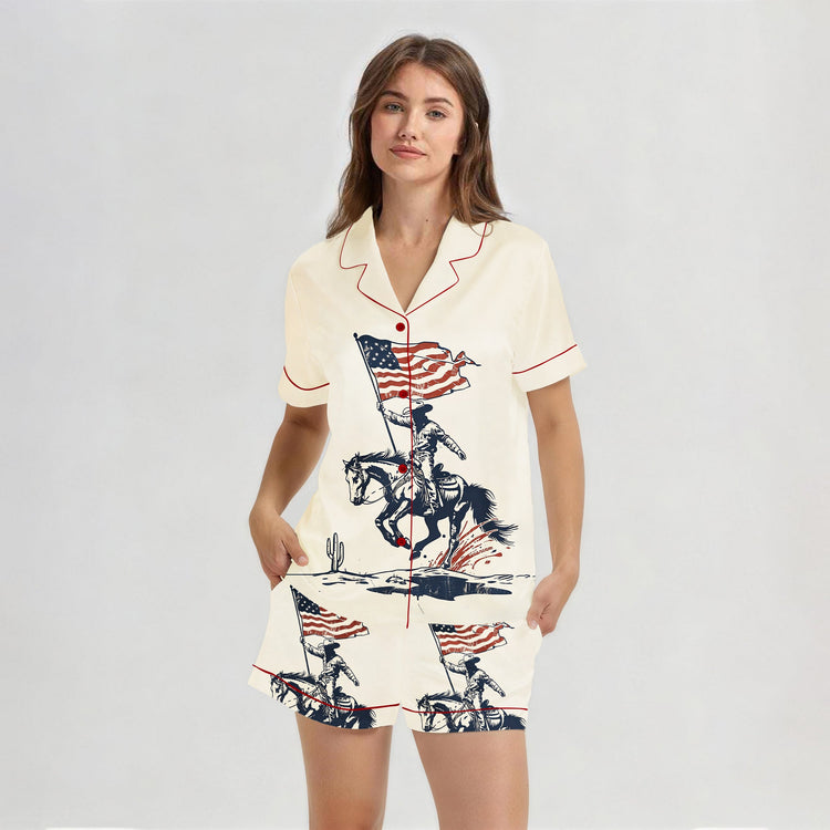 Women's USA Flag Cowboy Short Sleeve Silky Satin Pajama Set front view