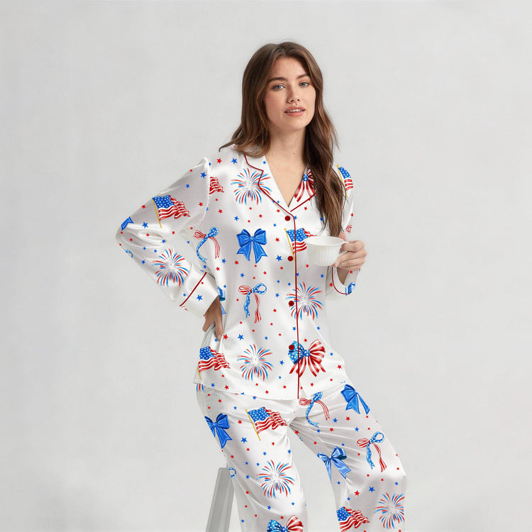 
                    
                      Women's Patriotic Bows Fireworks Long Sleeve Silky Satin Pajama Set alternate view
                    
                  