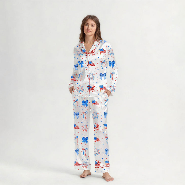 Women's Patriotic Bows Fireworks Long Sleeve Silky Satin Pajama Set front view