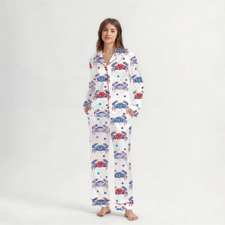 Women's Patriotic Crab Long Sleeve Silky Satin Pajama Set front view