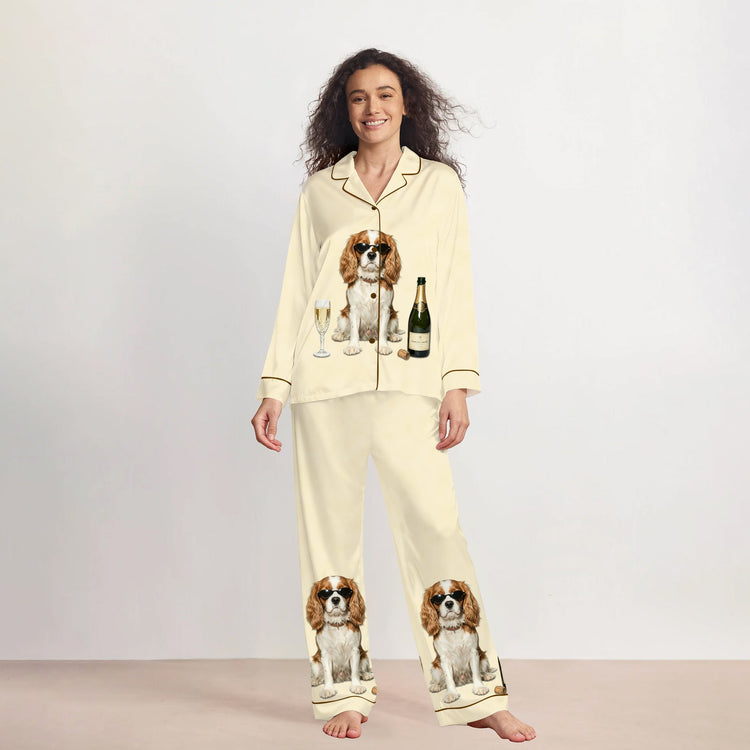 Women's Champagne Dog Long Sleeve Silky Satin Pajama Set front view