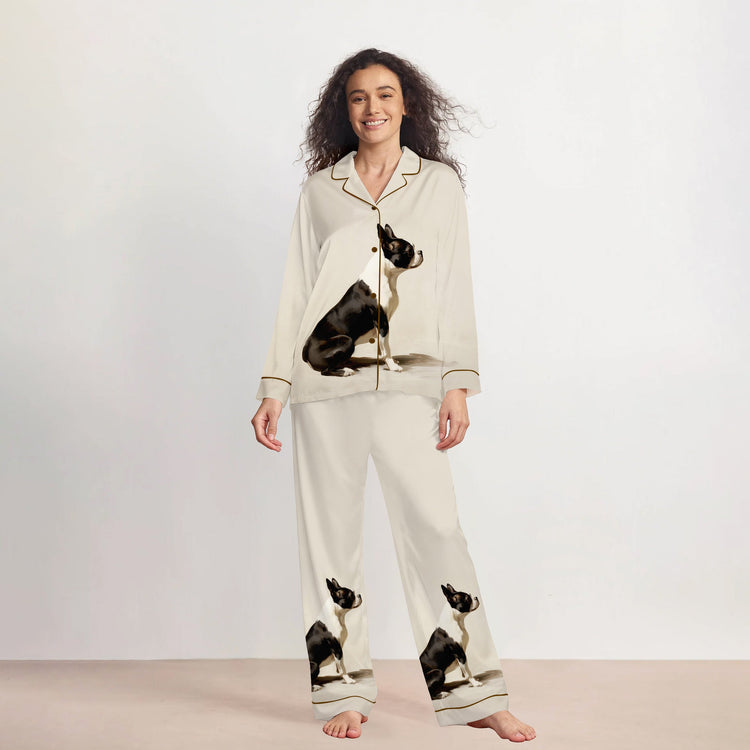 Women's Boston Terrier Dog Long Sleeve Silky Satin Pajama Set front view