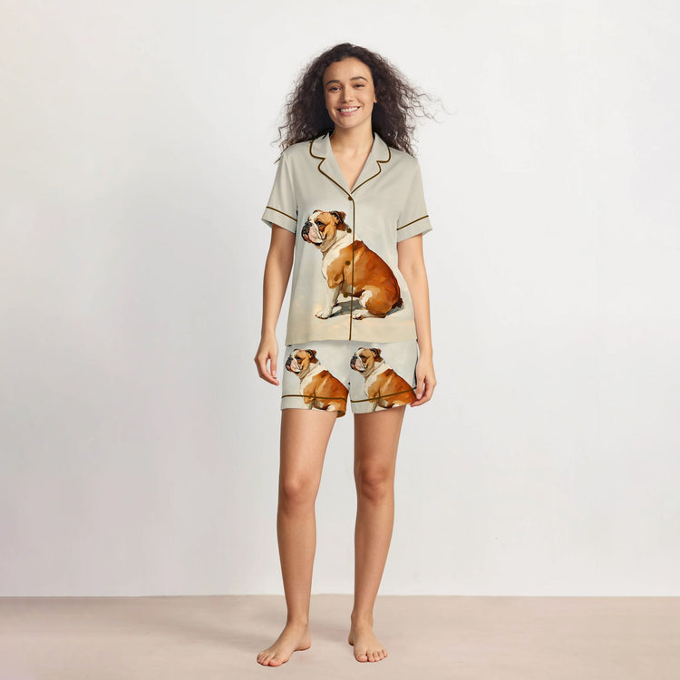 Women's Bulldog Dog Print Short Sleeve Silky Satin Pajama Set front view