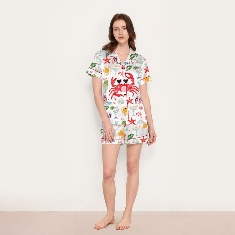 Women's Coastal Crab Seashell Short Sleeve Silky Satin Pajama Set front view