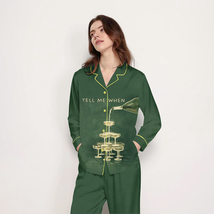 Women's Tell Me When Champagne Tower Long Sleeve Silky Satin Pajama Set front view