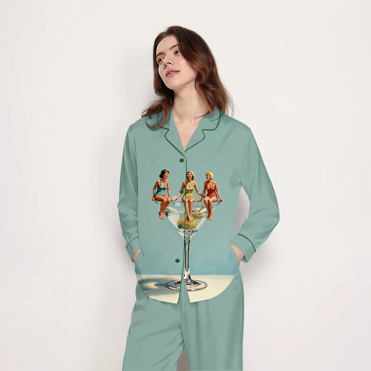 Women's Cocktail Girls Martini Long Sleeve Silky Satin Pajama Set front view