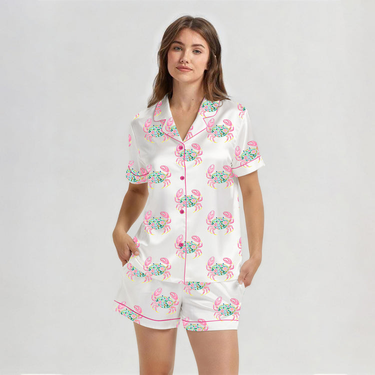 Women's Pink Flamingo Short Sleeve Silky Satin Pajama Set front view