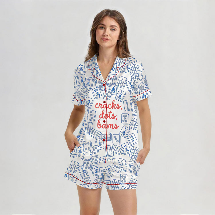 Women's Mahjong Cracks Dots Bams Short Sleeve Silky Satin Pajama Set front view
