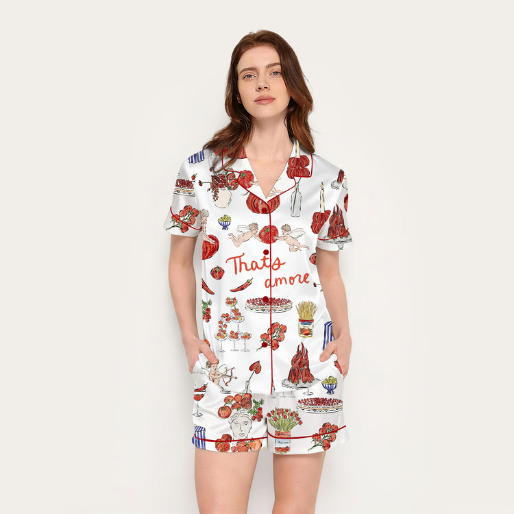 Women's Thanksgiving Turkey Dinner Short Sleeve Silky Satin Pajama Set front view