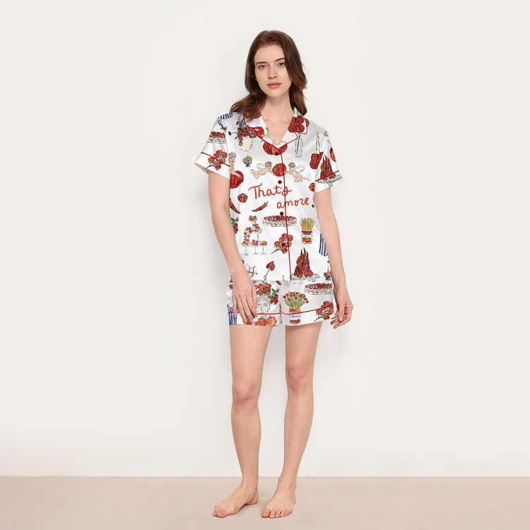 
                    
                      Women's Thanksgiving Turkey Dinner Short Sleeve Silky Satin Pajama Set full body view
                    
                  