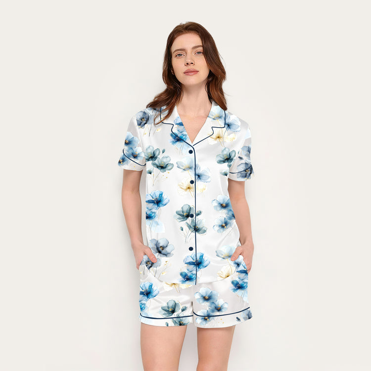 Women's Blue Floral Short Sleeve Silky Satin Pajama Set front view