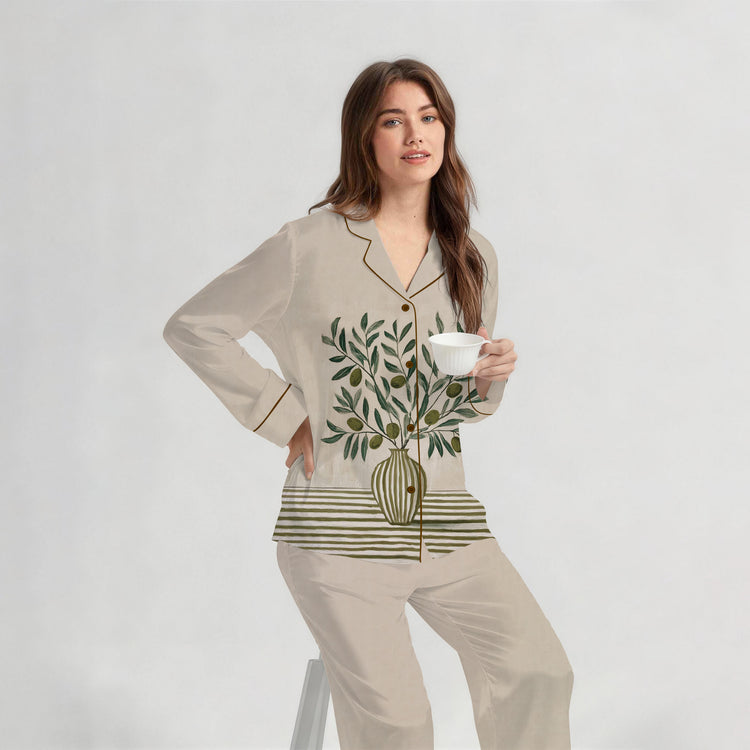 Women's Olive Branch Long Sleeve Silky Satin Pajama Set front view