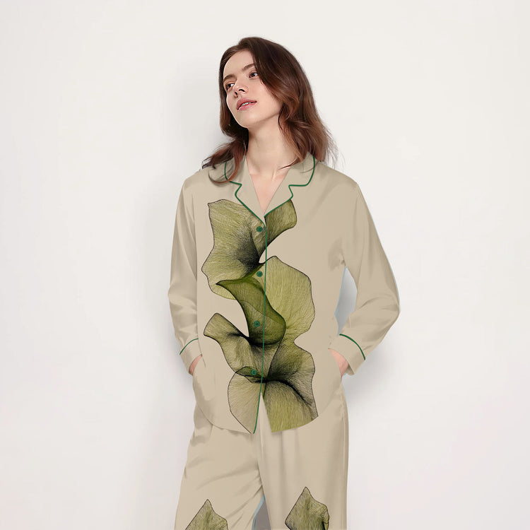 Women's Banana Leaf Long Sleeve Silky Satin Pajama Set front view