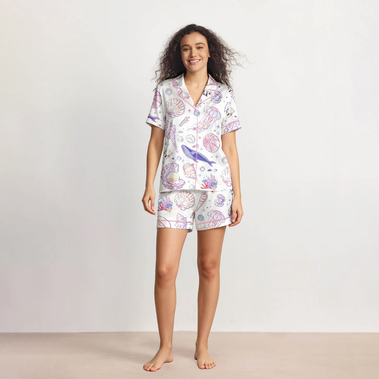 Women's Pastel Feather Short Sleeve Silky Satin Pajama Set front view