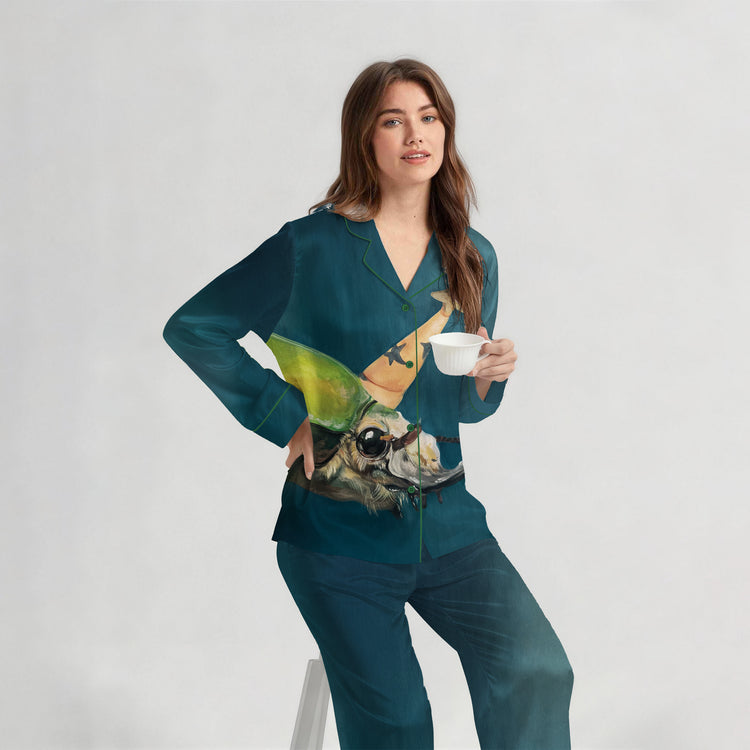Women's Oil Painting Party Animal Long Sleeve Silky Satin Pajama Set front view